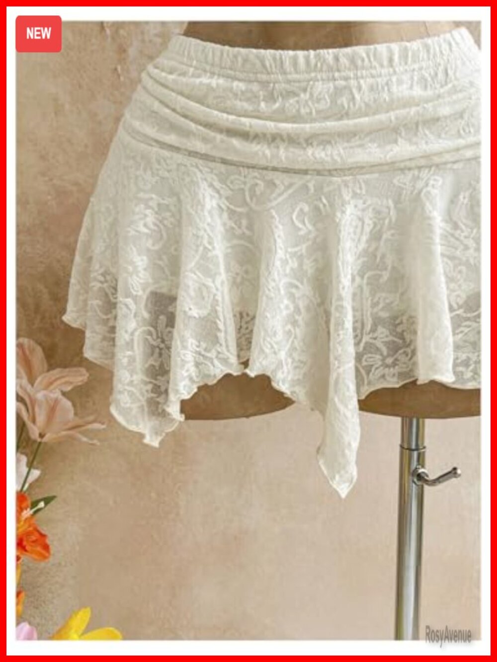Lace Ruffle Mini Skirt Low Rise Ruched Asymmetrical Flared Boho - Picture 3 of 4